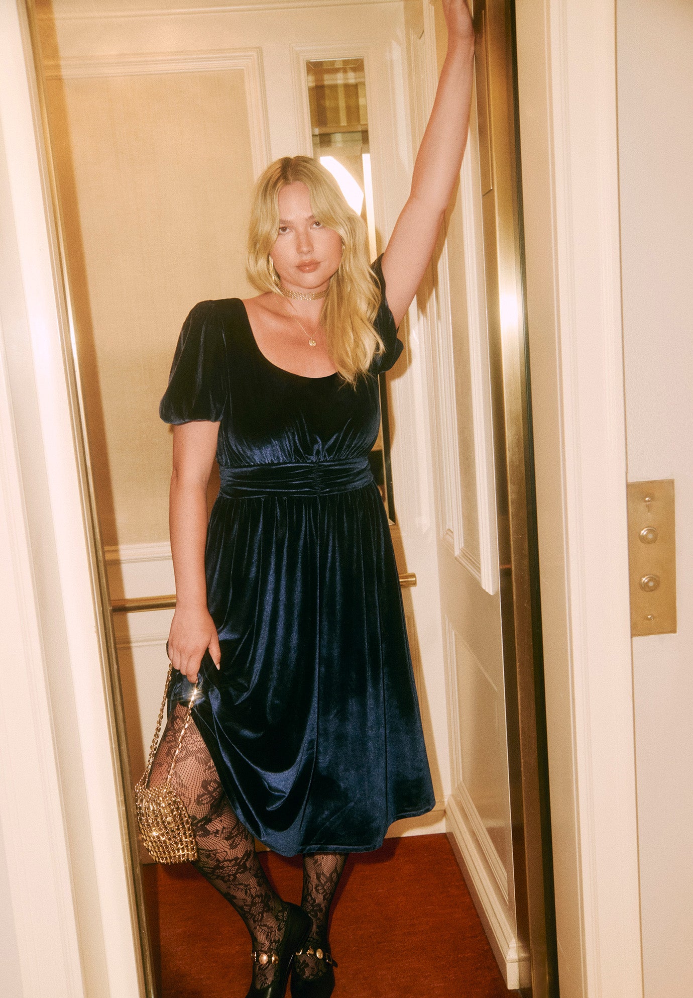 Puff Sleeve Stretch-Velvet Midi Dress image number 0