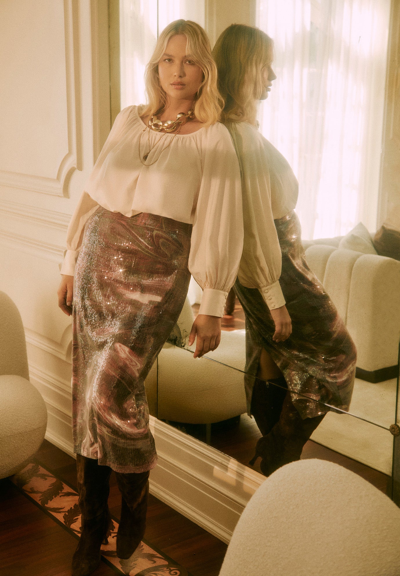 Sequined Mesh Column Midi Skirt image number 0