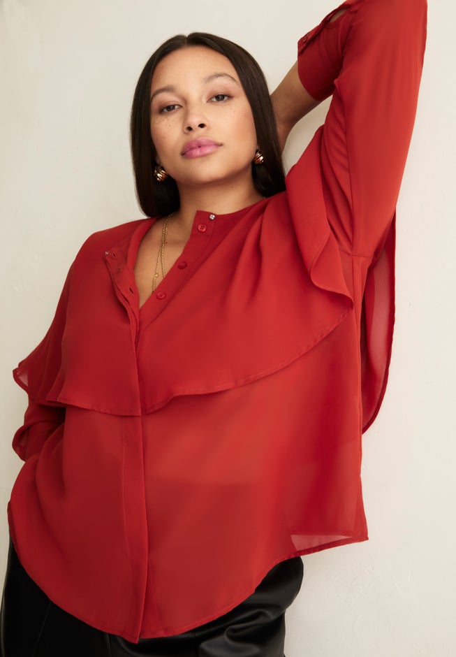 Chiffon Cuff-Sleeve Cape Blouse image number 2