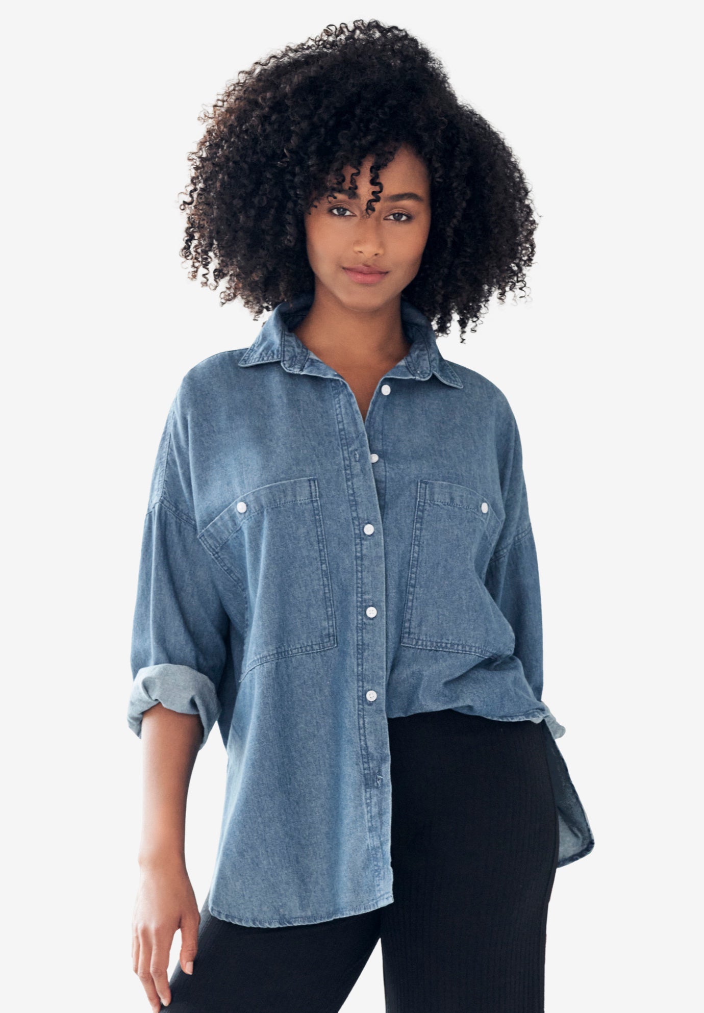 Oversized Button-Front Denim Shirt image number 0