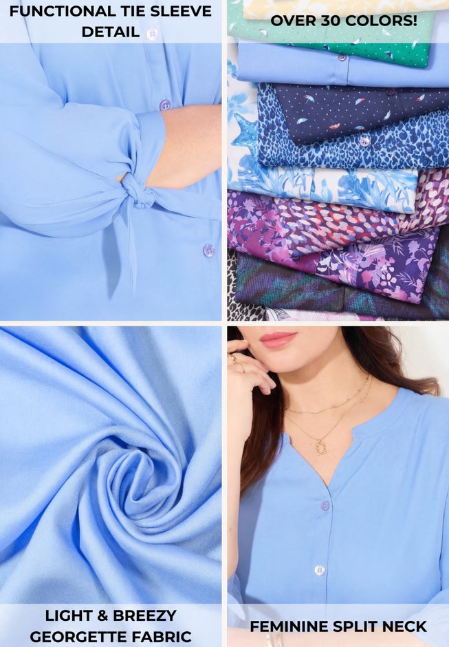 Georgette Buttonfront Tie Sleeve Cafe Blouse image number 5