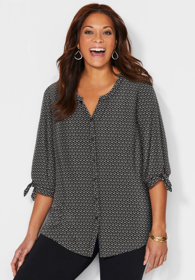 Georgette Buttonfront Tie Sleeve Cafe Blouse image number 1
