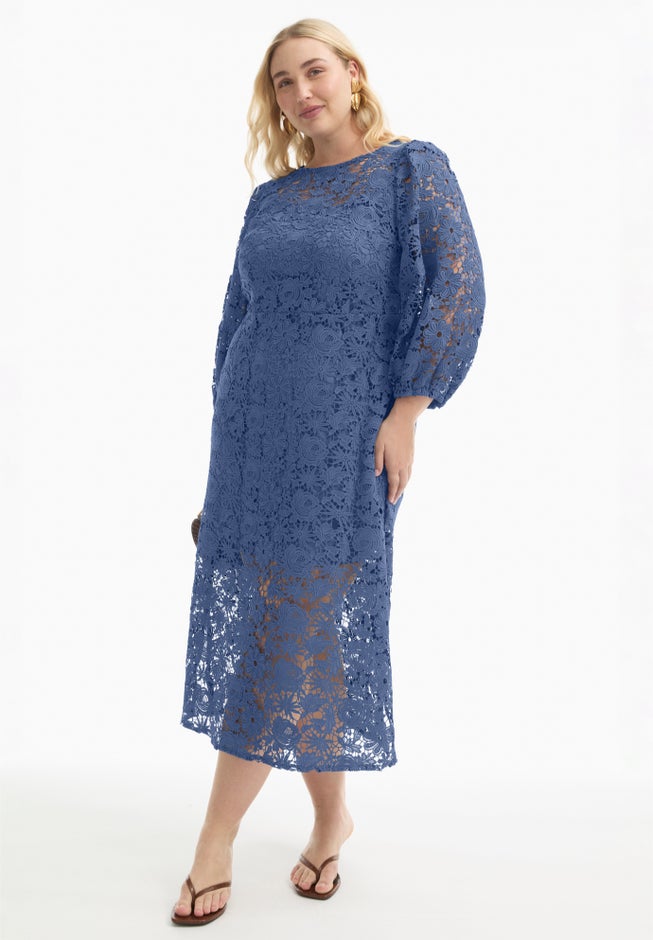 Puff Sleeve Lace Midi Dress image number 0