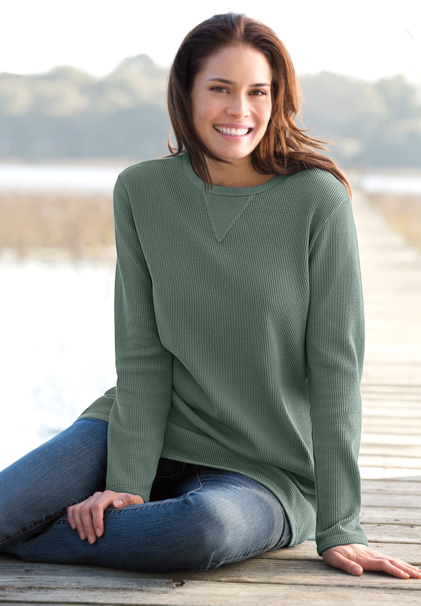 Long-Sleeve Crewneck Soft Waffle Knit Thermal Shirt image number 0