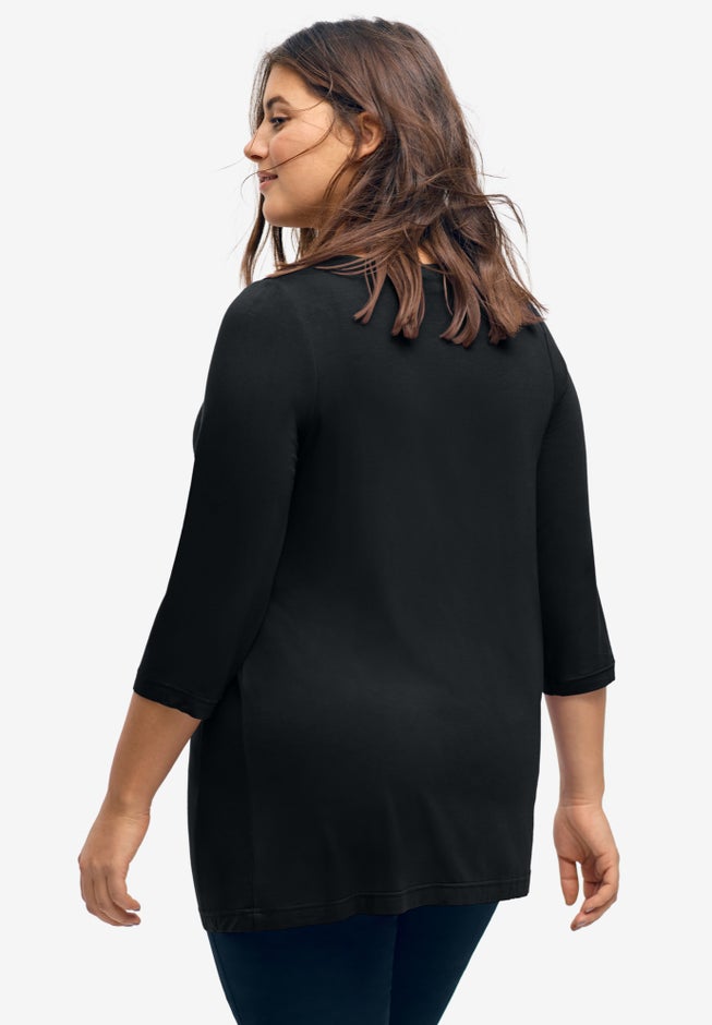 Stretch Jersey Knit V-Neck Three-Quarter Sleeve Knot Front Tunic image number 1