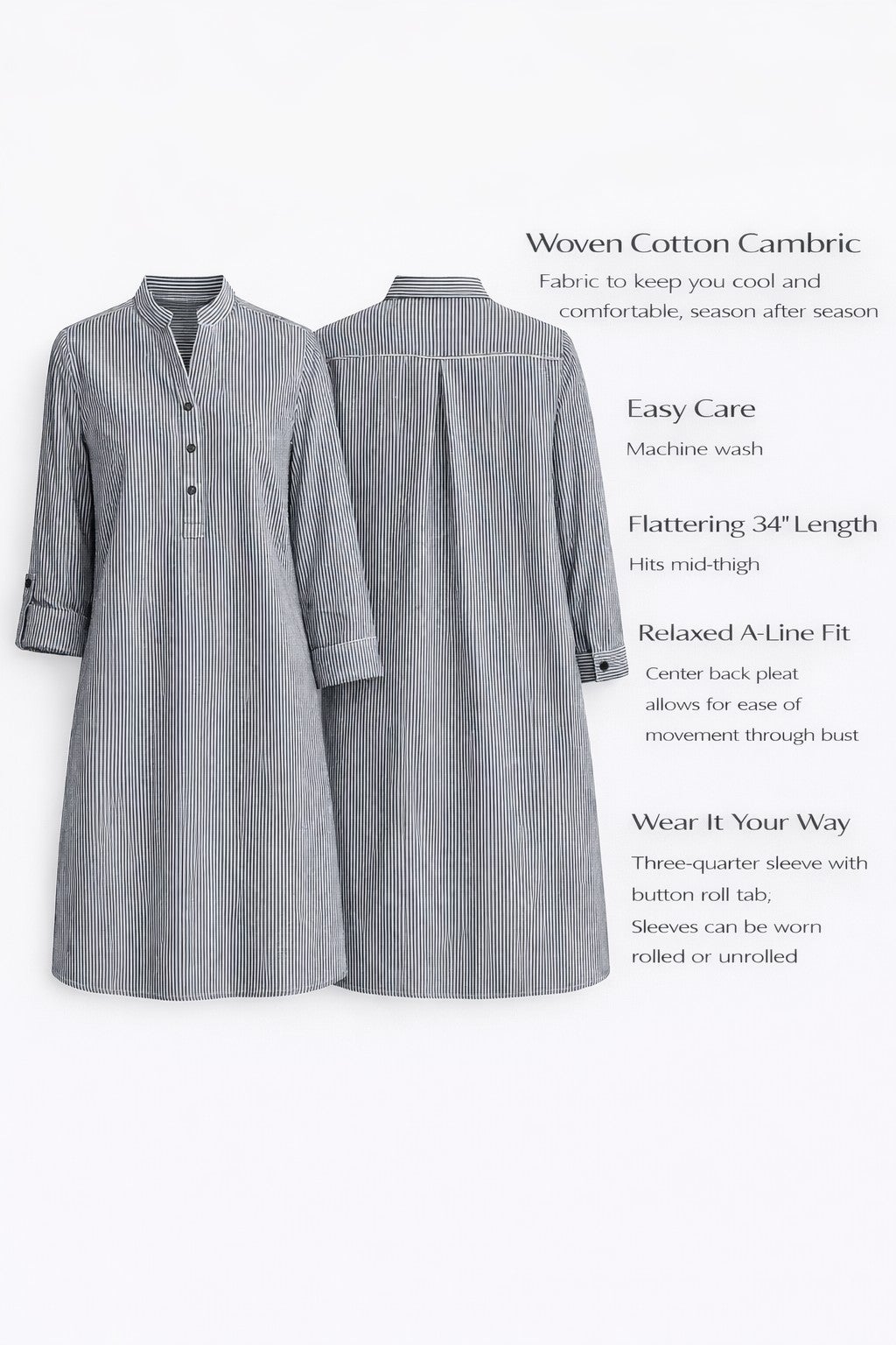 Three-Quarter Sleeve Roll Tab Relaxed Fit 100% Cotton Henley Tunic image number 3