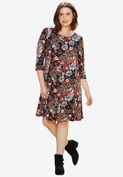 Stretch Knit Scoop Neck 3/4 Sleeve A Line Dress