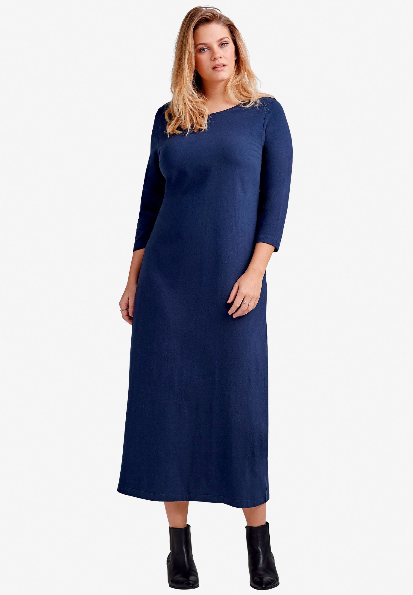 Cotton Spandex Crew Neck 3/4 Sleeve Maxi Dress image number 0