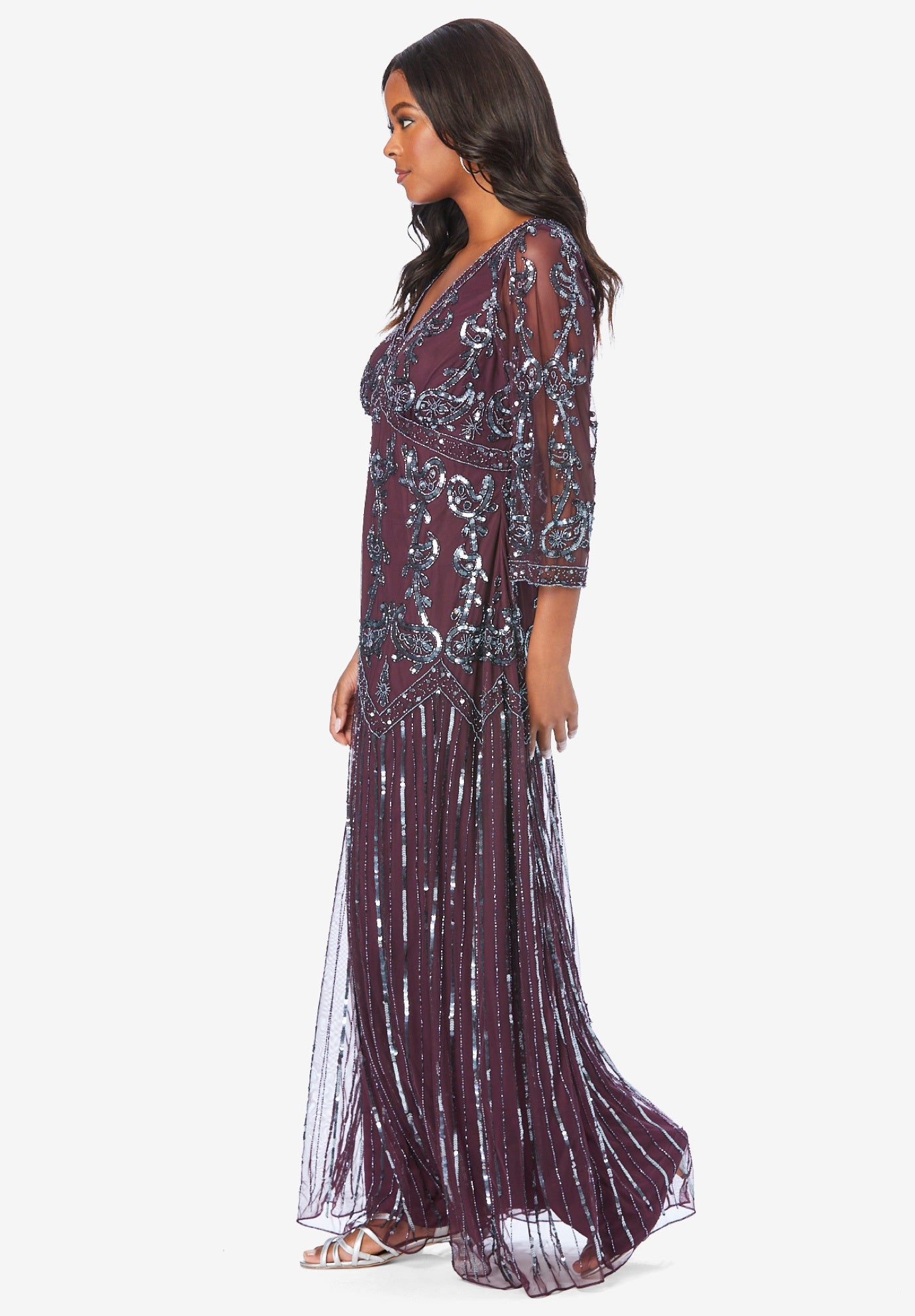 Plus Size Beaded V-Neck 3/4 Sleeve Sleeve Maxi Gown image number 2