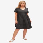Cotton Spandex V-Neck Short Sleeve Tiered A-Line Dress image number null