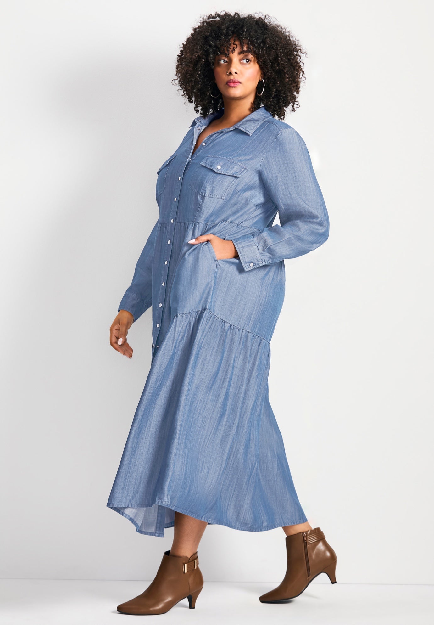 Denim Tiered Shirtdress image number 1
