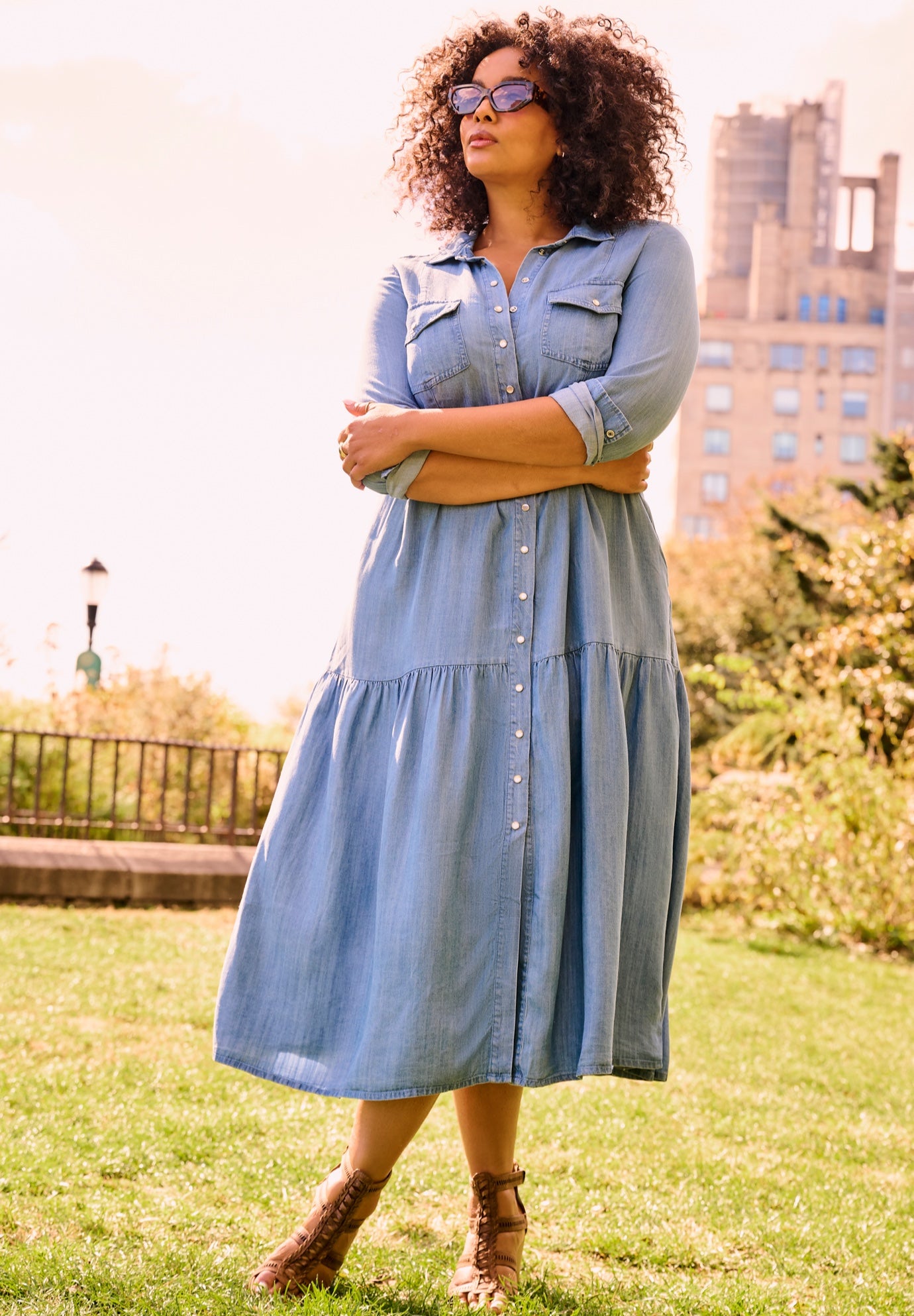 Denim Tiered Shirtdress image number 1