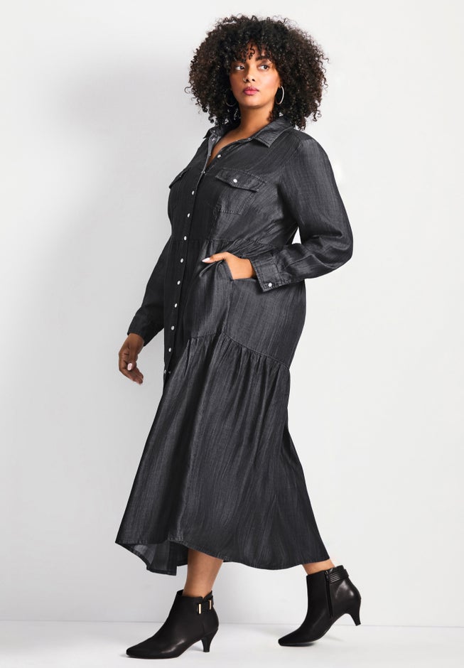 Denim Tiered Shirtdress image number 1