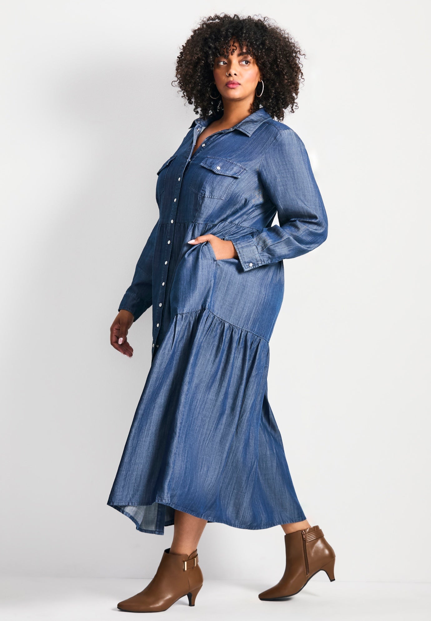 Denim Tiered Shirtdress image number 1