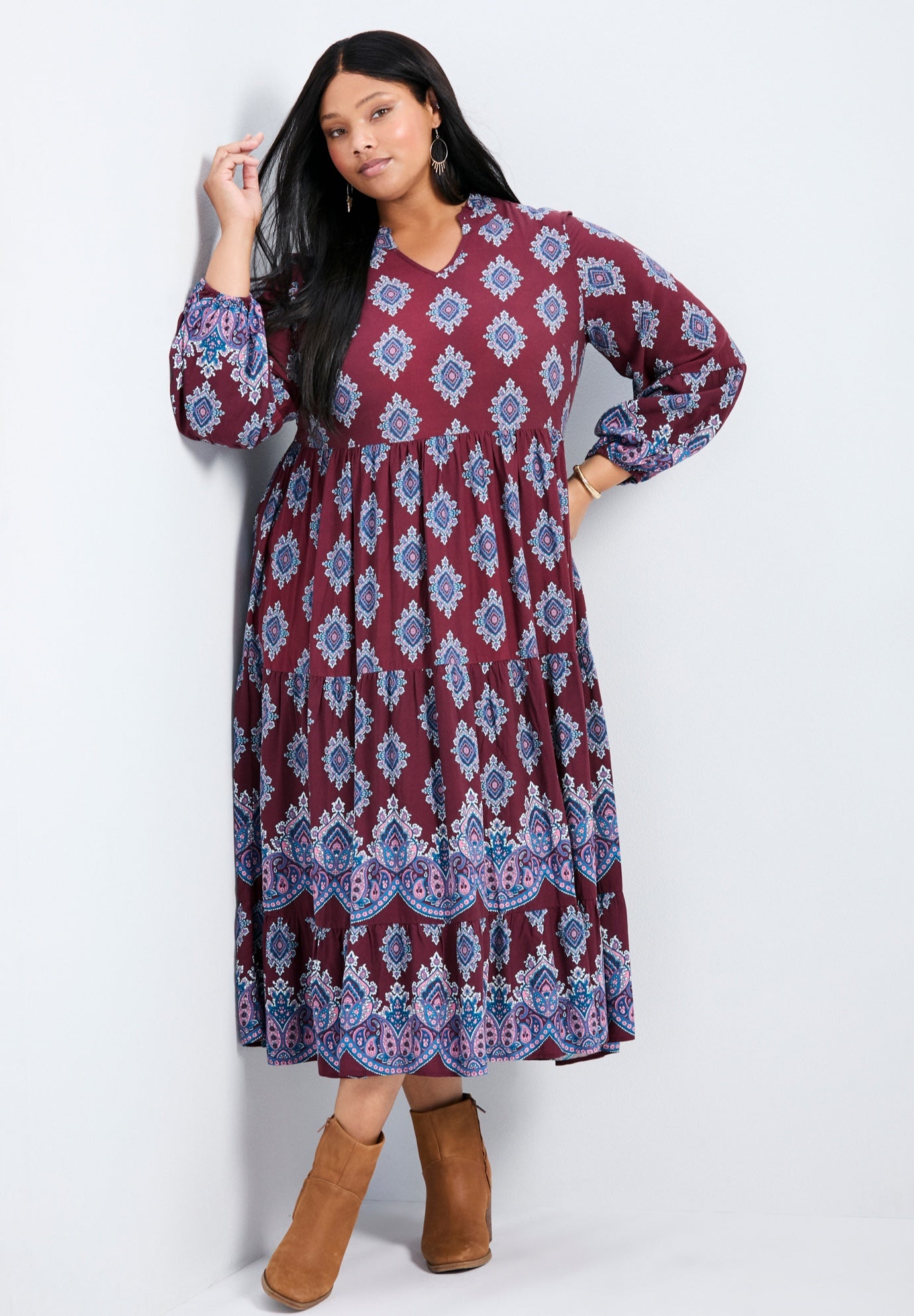 Everlasting Bordered Print Blouson Sleeve Dress image number 1
