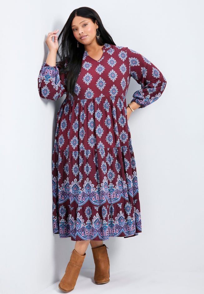 Everlasting Bordered Print Blouson Sleeve Dress image number 1