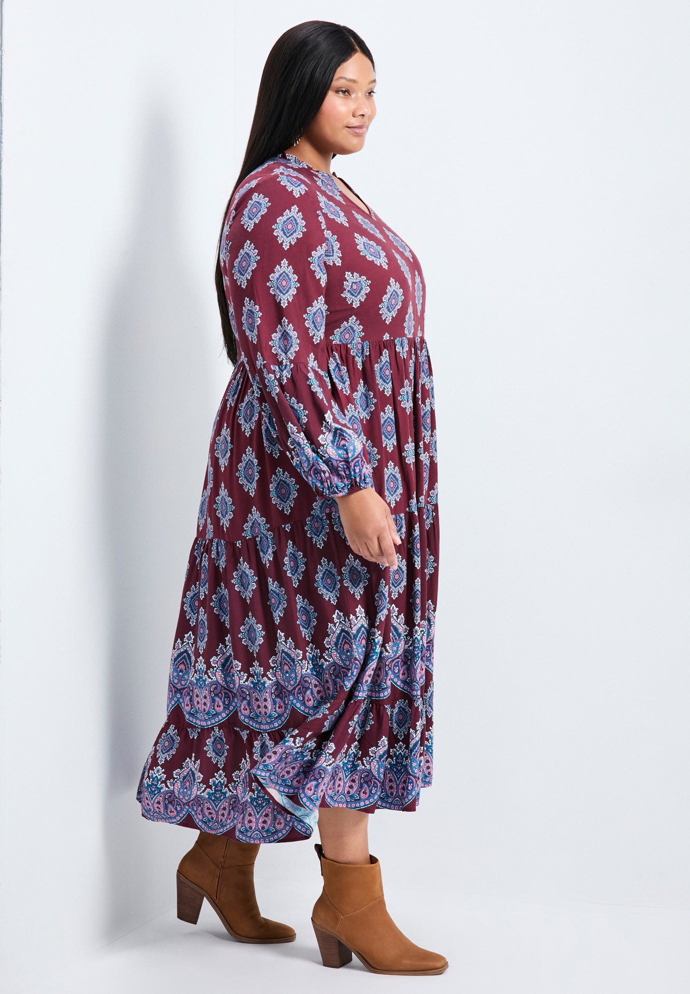 Everlasting Bordered Print Blouson Sleeve Dress image number 2