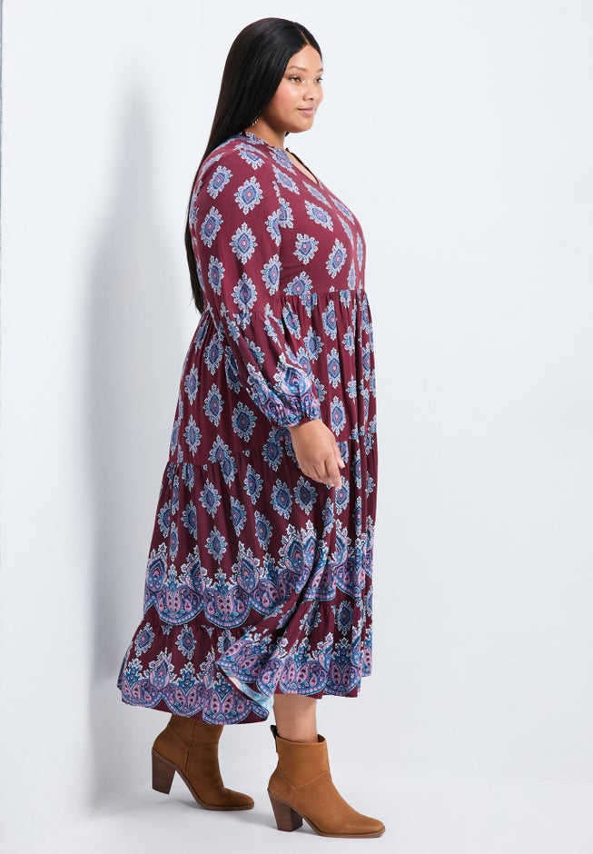 Everlasting Bordered Print Blouson Sleeve Dress image number 2