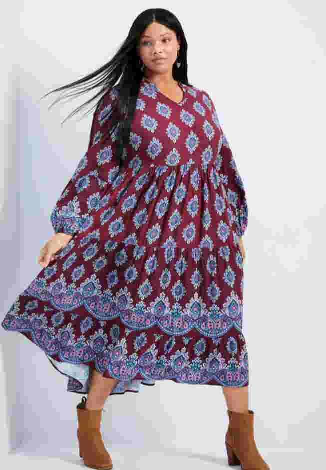 Everlasting Bordered Print Blouson Sleeve Dress image number 0
