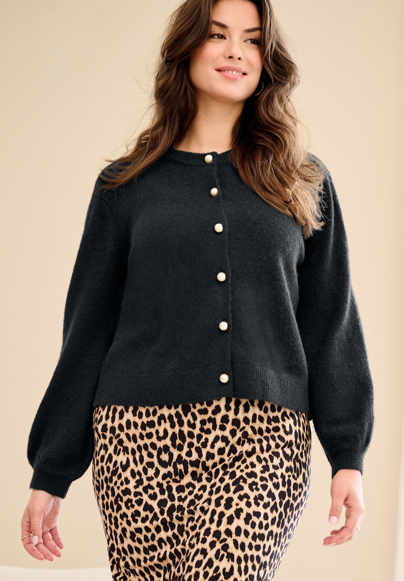 Stretch Pearl Button Front Cardigan Sweater image number 0