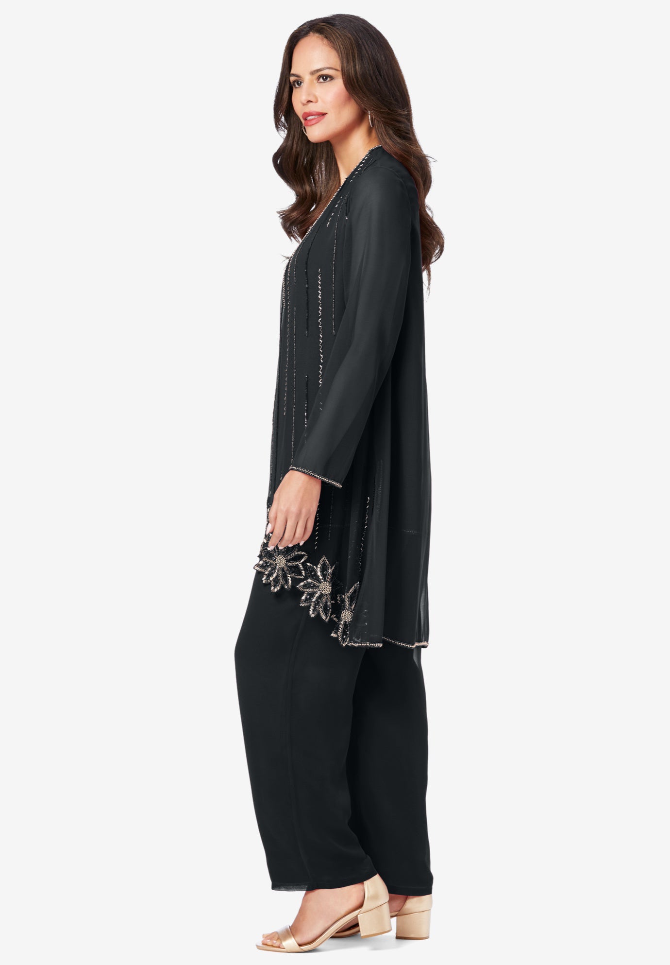 Plus-Size Long Sleeve Floral Beaded Georgette Three-Piece Pant Set image number 2