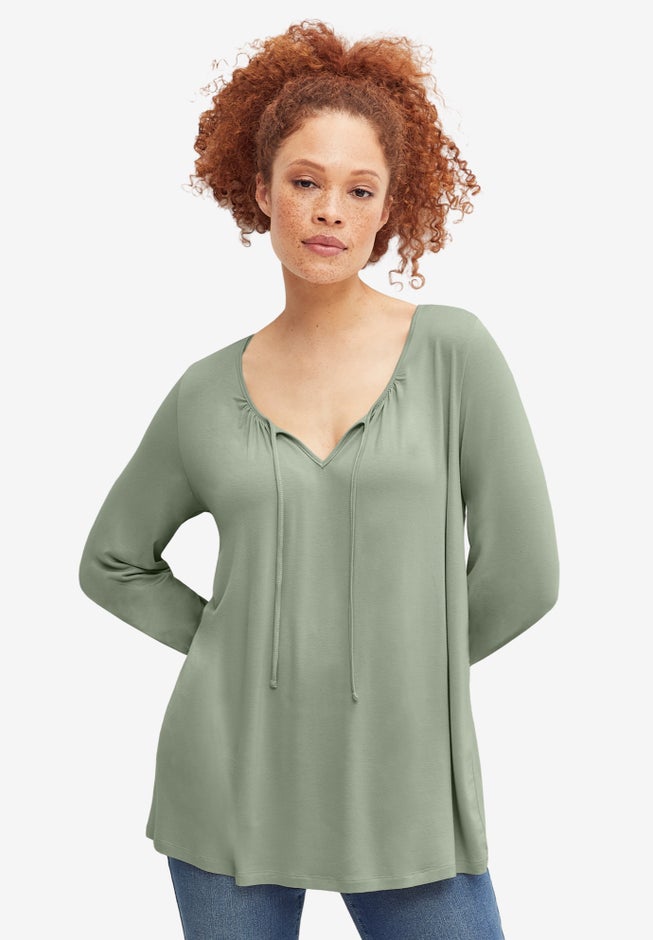 Keyhole Neckline Knit Peasant Top image number null