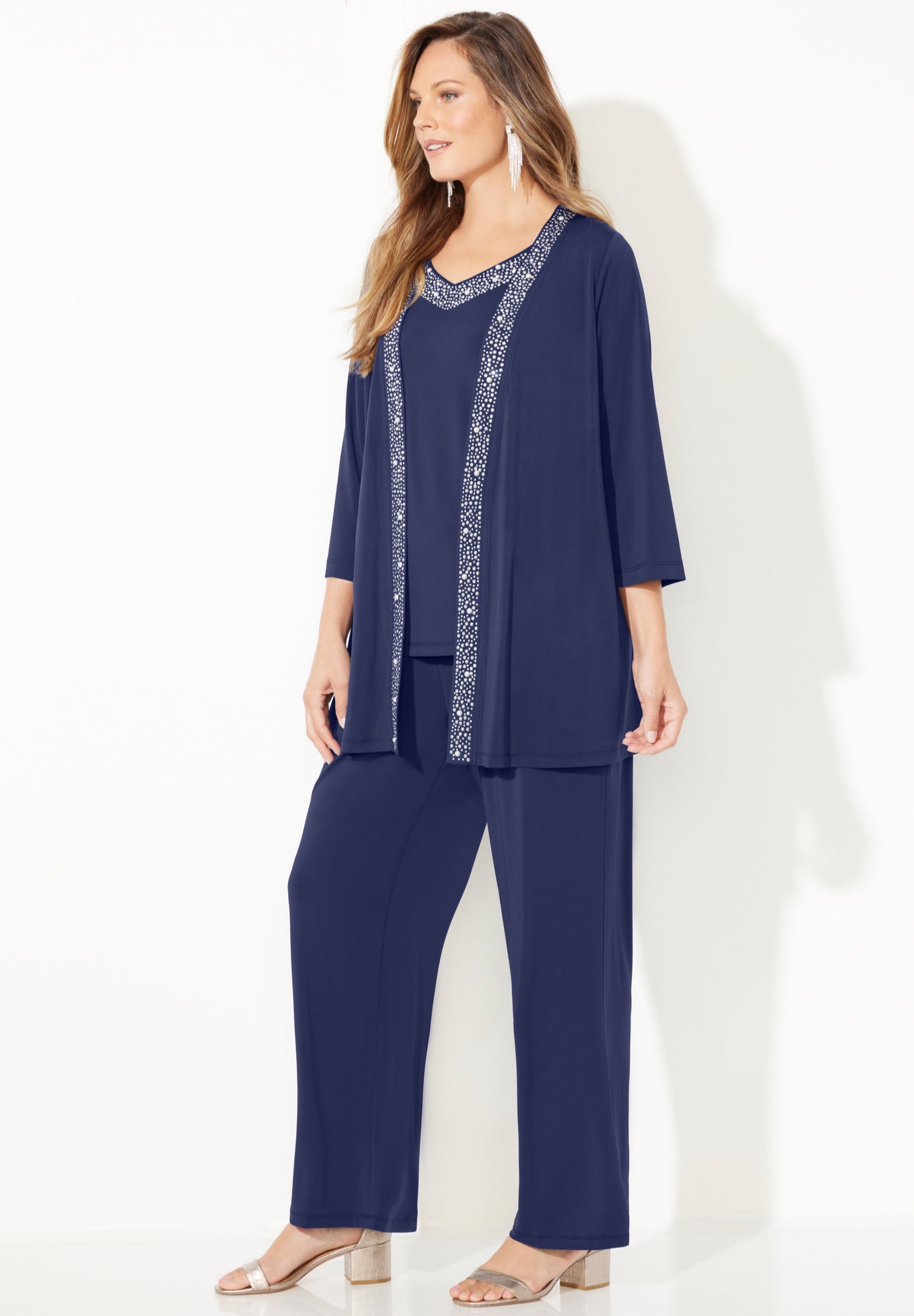 Beaded 3-Piece Cardigan Pant Suit image number 4