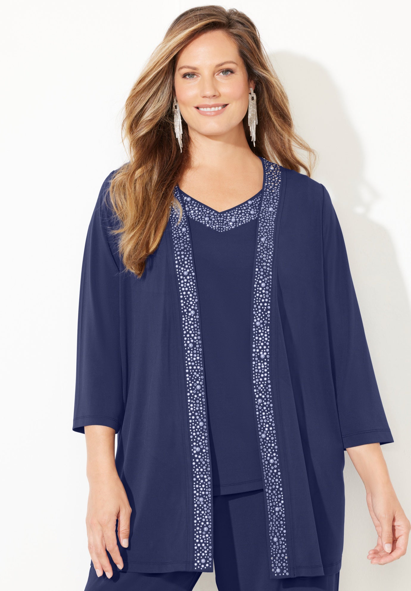 Beaded 3-Piece Cardigan Pant Suit image number 5