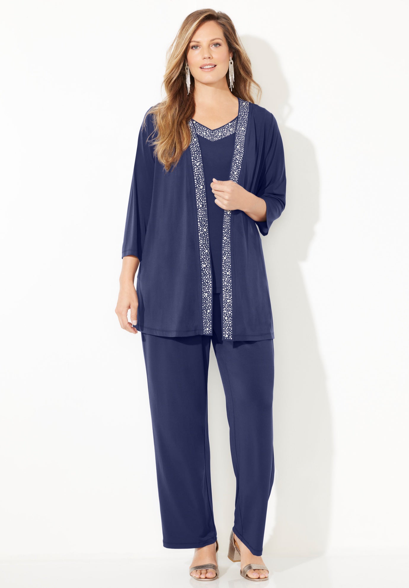 Beaded 3-Piece Cardigan Pant Suit image number 2