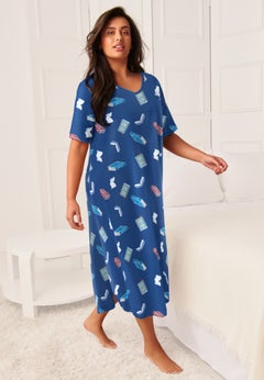 V-Neck Short Sleeve Midi Cotton Sleep Shirt