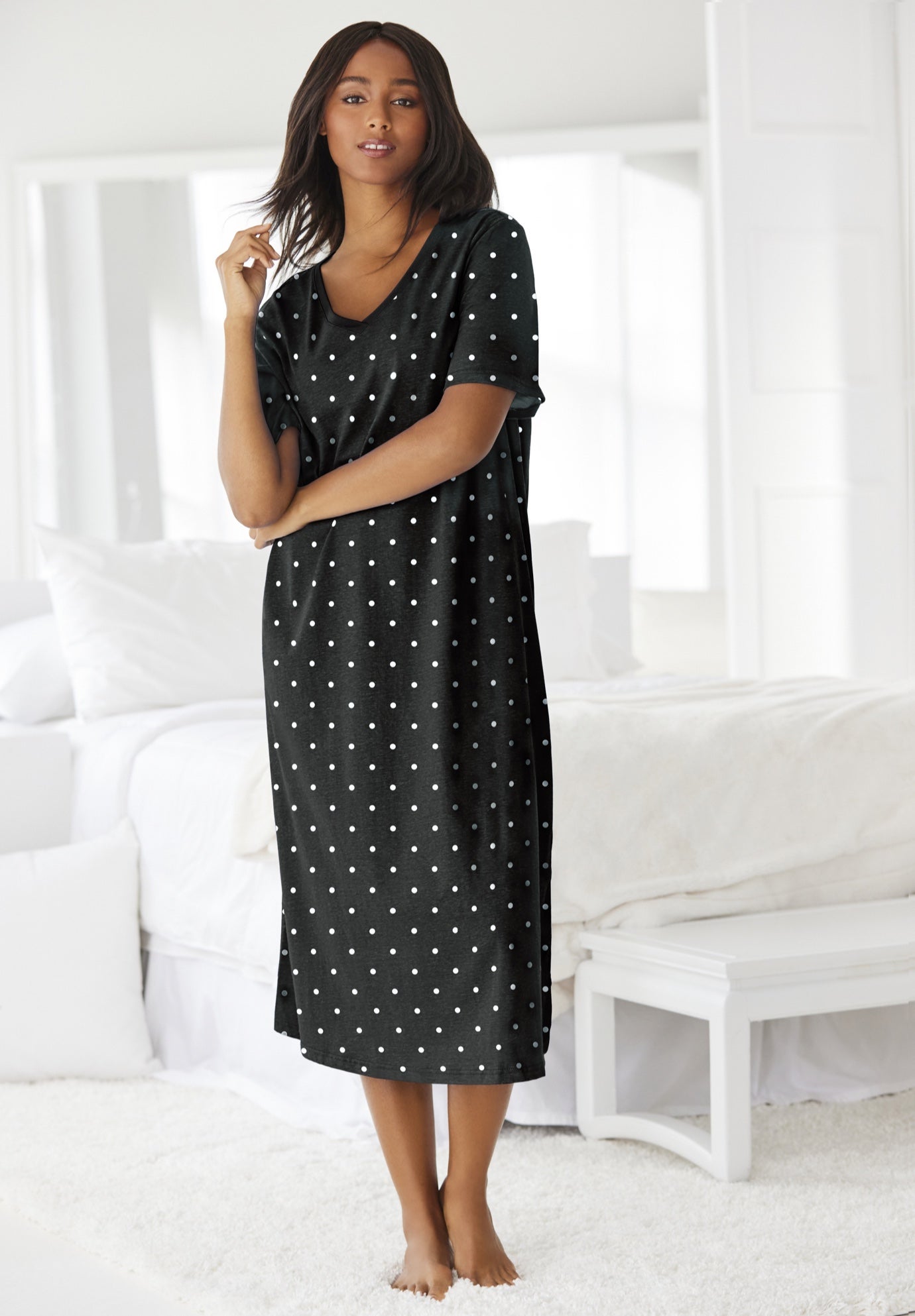 V-Neck Short Sleeve Midi Cotton Sleep Shirt image number 0