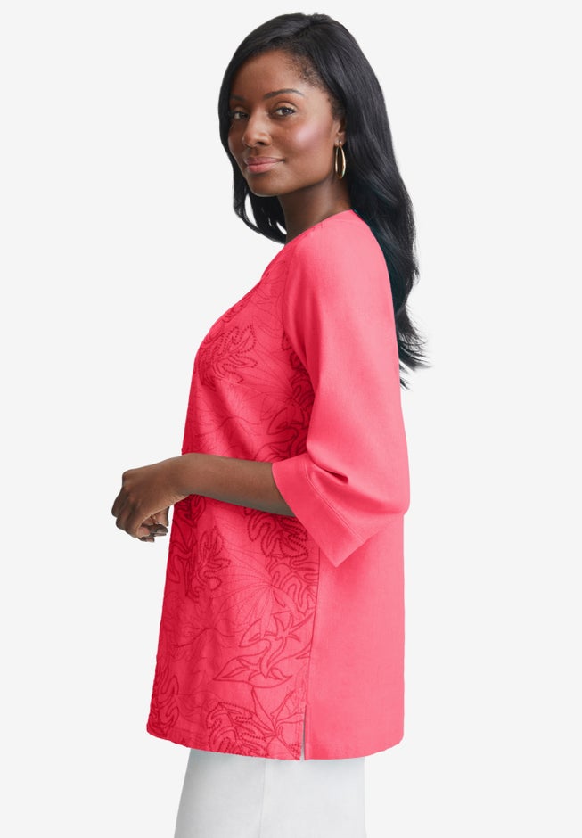 Linen V-Neck Embroidered Tunic image number 3
