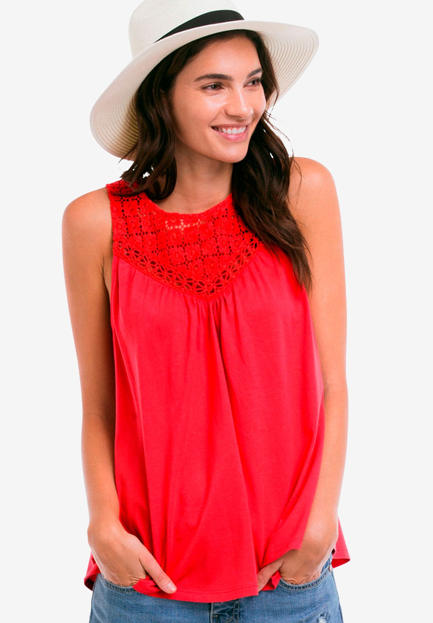 100% Cotton Crochet Scoop Neck A-Line Tank image number 0