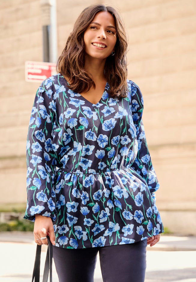 V Neck Blouson Elastic Waist Blouse image number 1