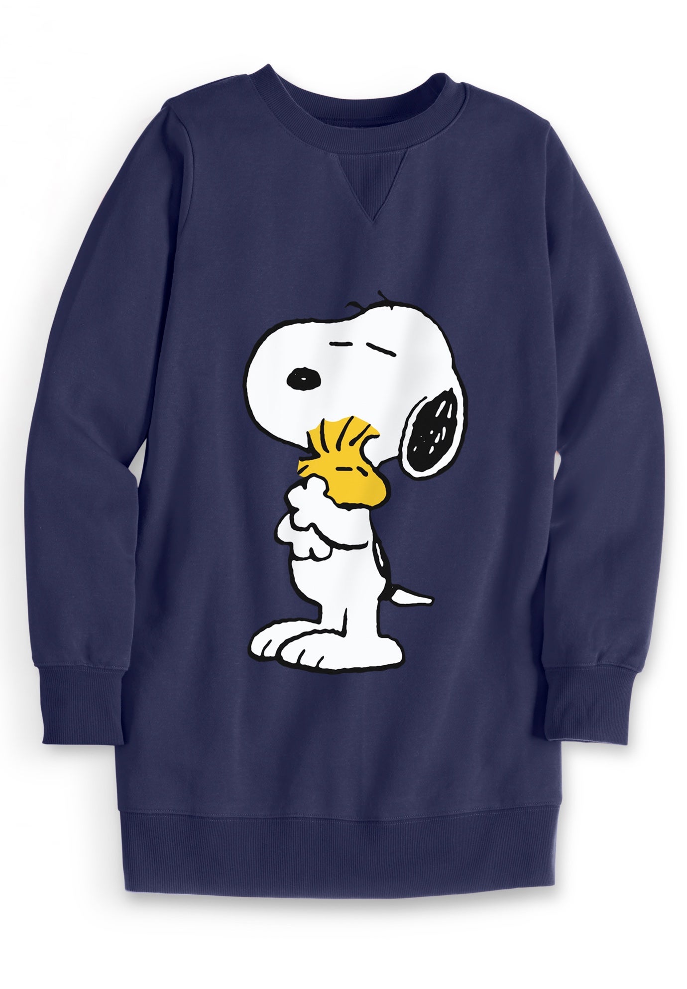 Peanuts Women&rsquo;s Long Sleeve Fleece Sweatshirt Navy Snoopy and Woodstock Hugging image number 1
