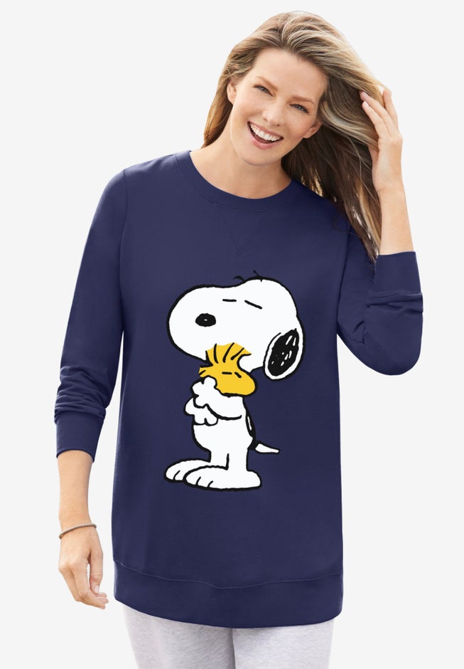 Peanuts Women's Long Sleeve Fleece Sweatshirt Navy Snoopy and Woodstock Hugging image number null