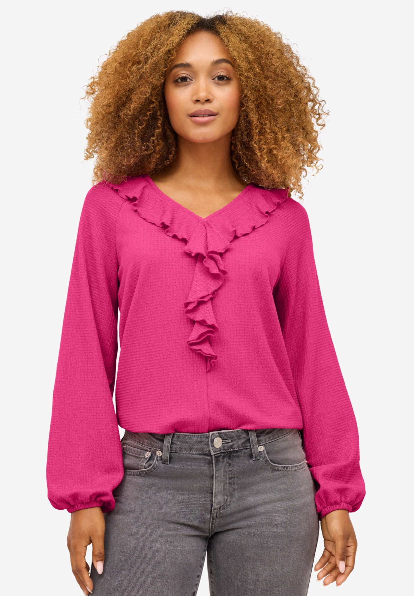 Stretch Textured Knit V-neck Ruffle Front Top image number 0