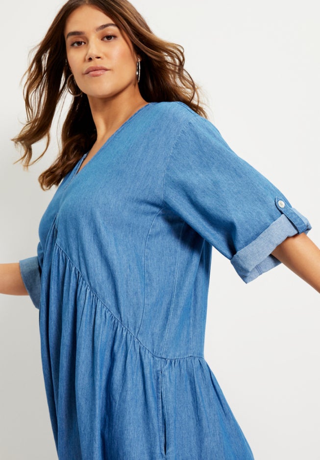 denim ruffle dress plus size Final Sale Plus Size Sleeveless Multi Layered Ruffle Chambray Dress in Denim Color