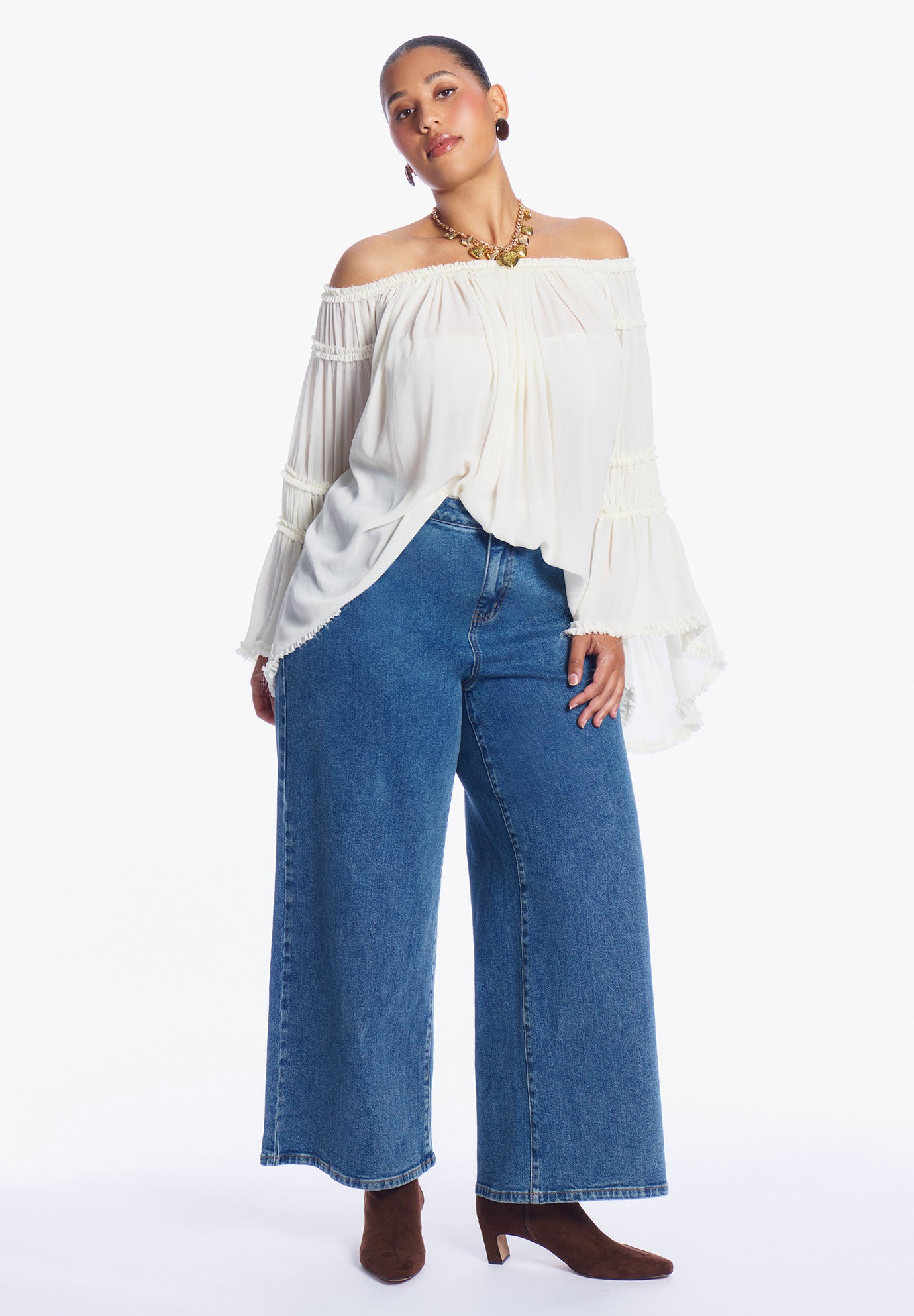 Sheer Crinkle Chiffon Off-The-Shoulder Top image number 1