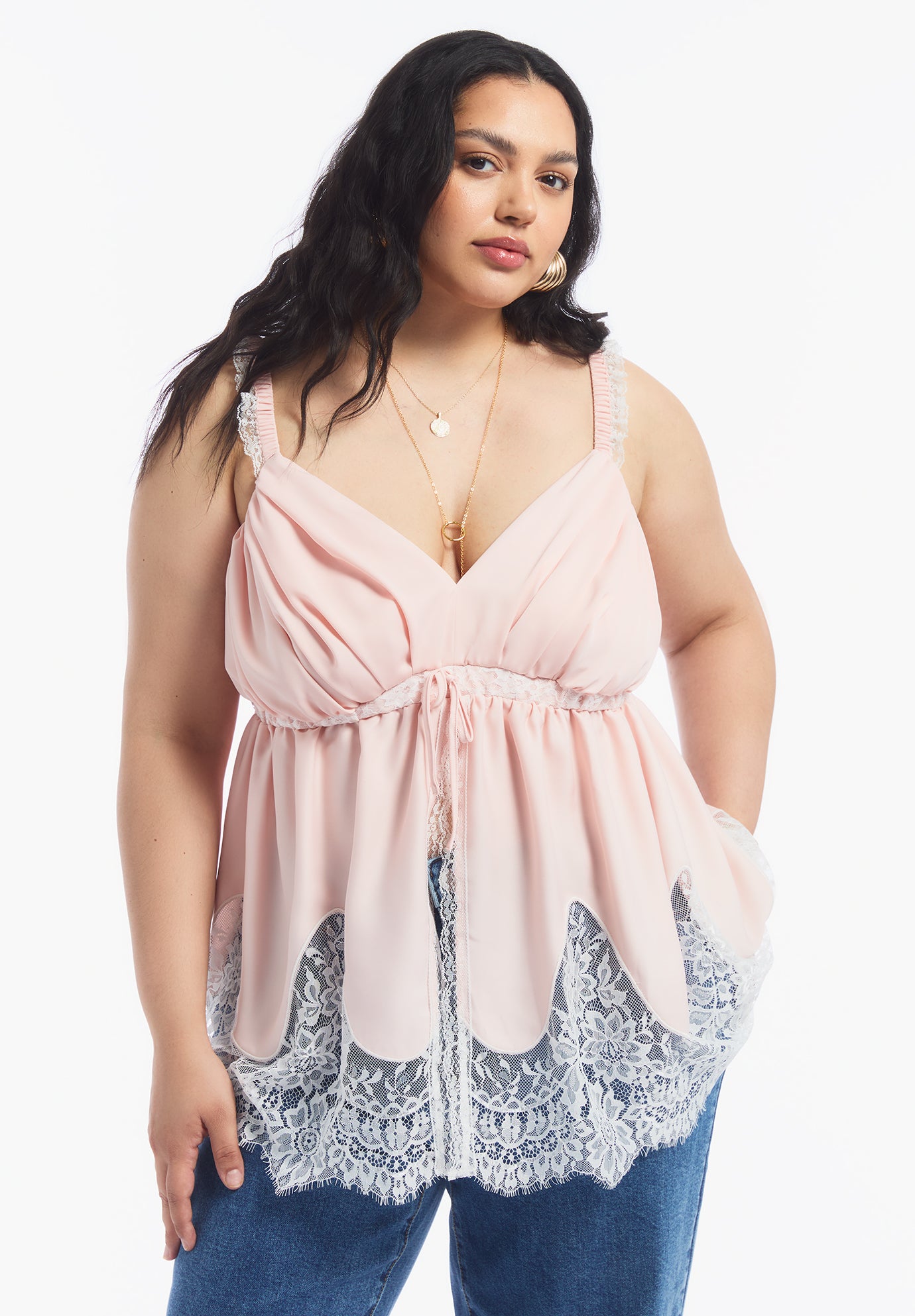 Lace-Trim Satin Camisole Top image number 1