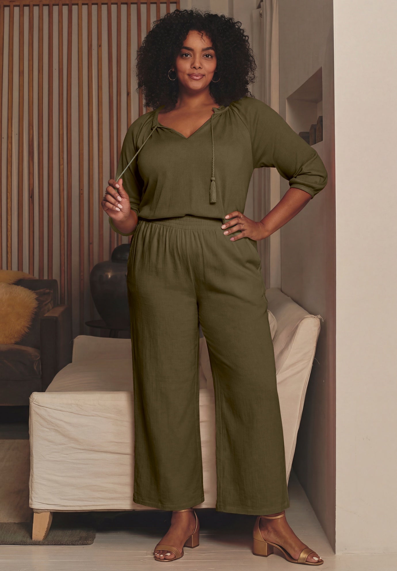 Knit Gauze Smocked Wide-Leg Pants image number 0