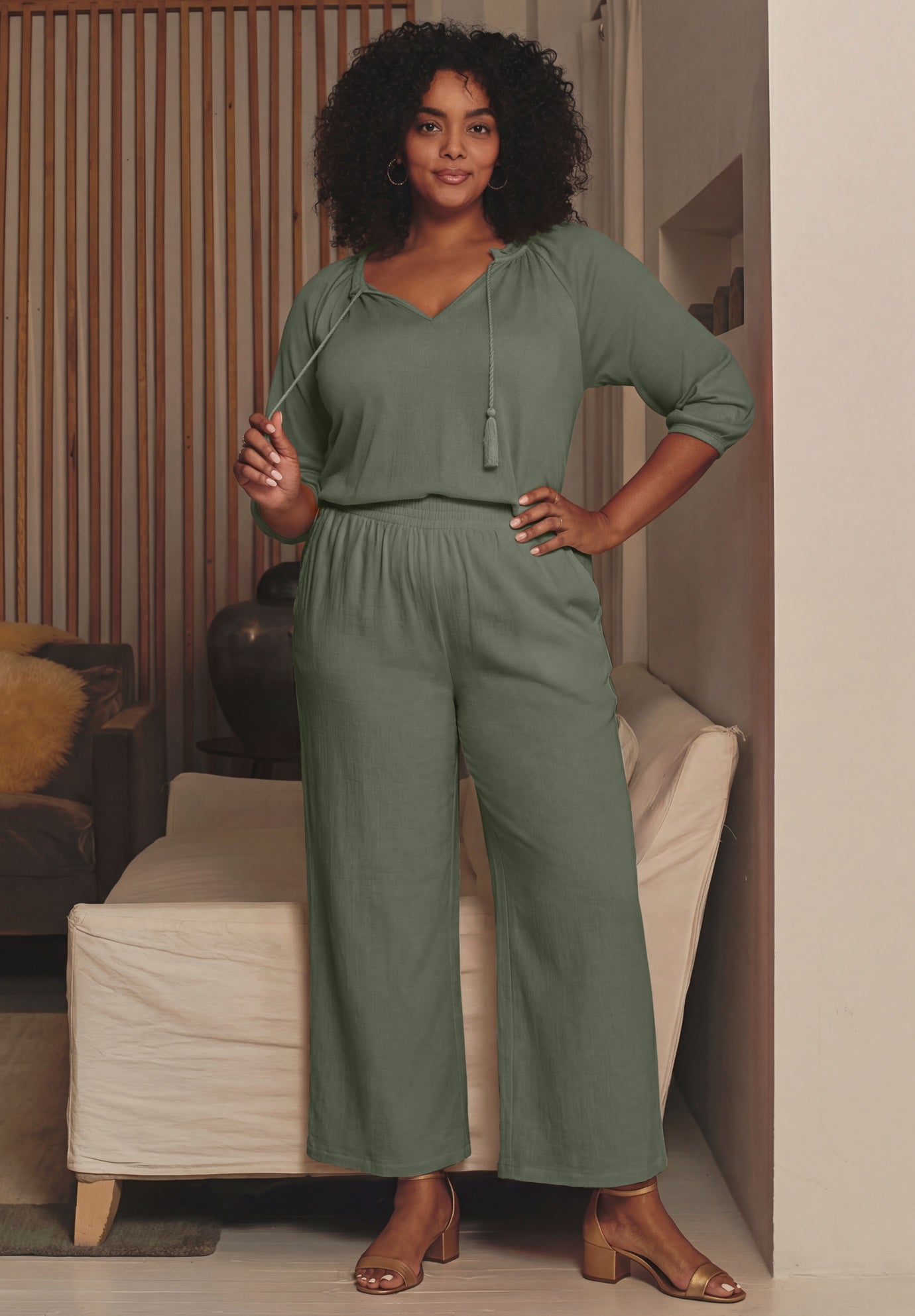 Knit Gauze Smocked Wide-Leg Pants image number 0