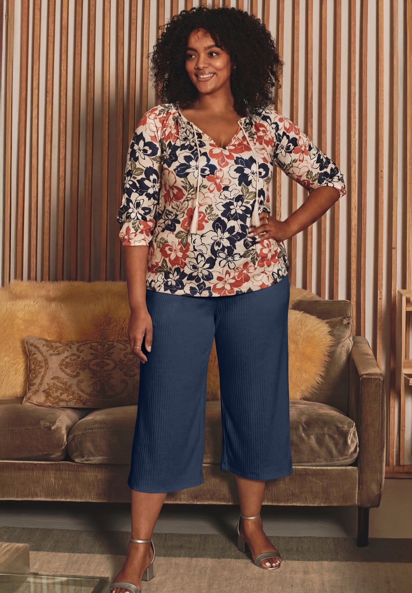 Knit Gauze Smocked Wide-Leg Crop image number 0