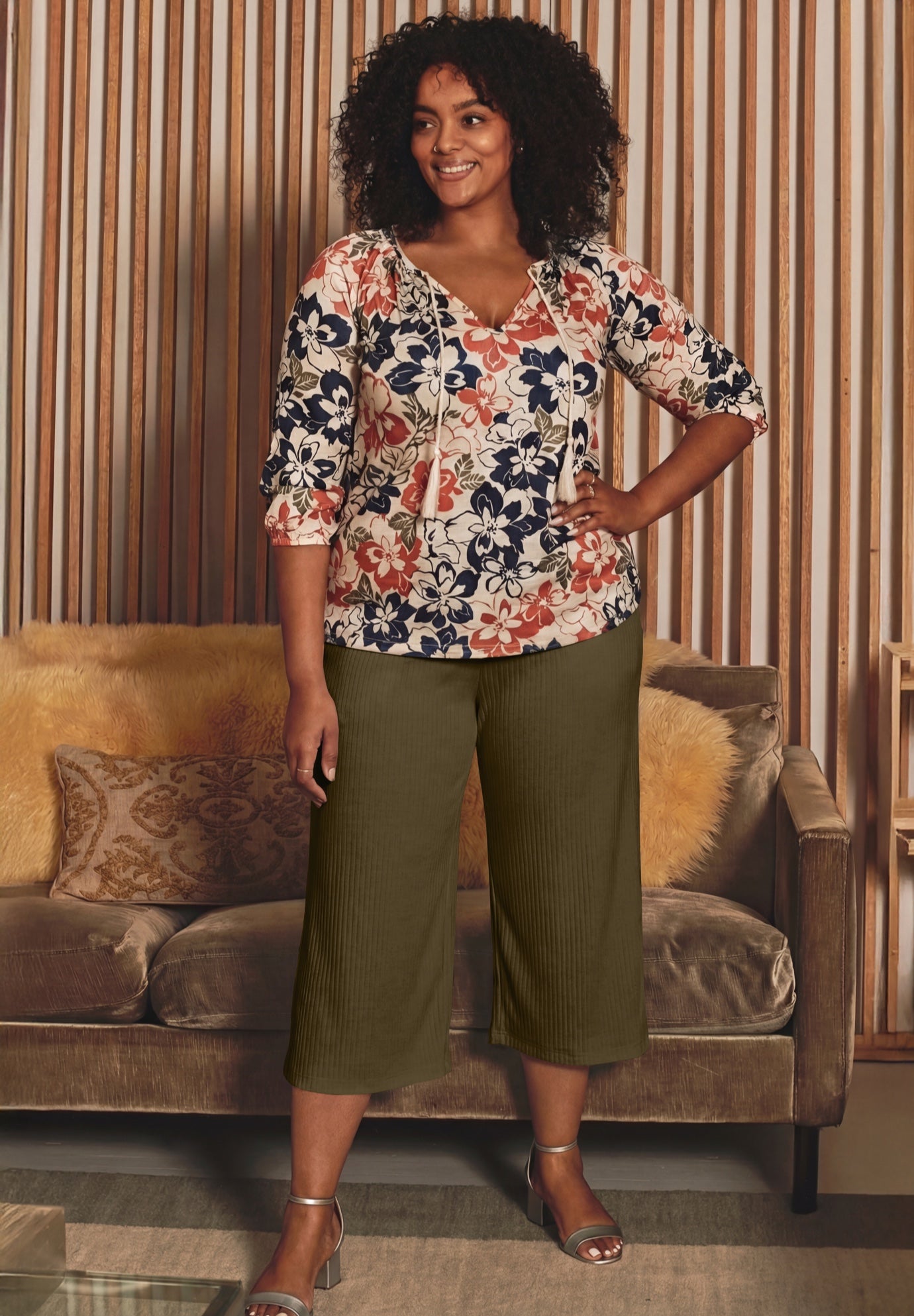 Knit Gauze Smocked Wide-Leg Crop image number 0