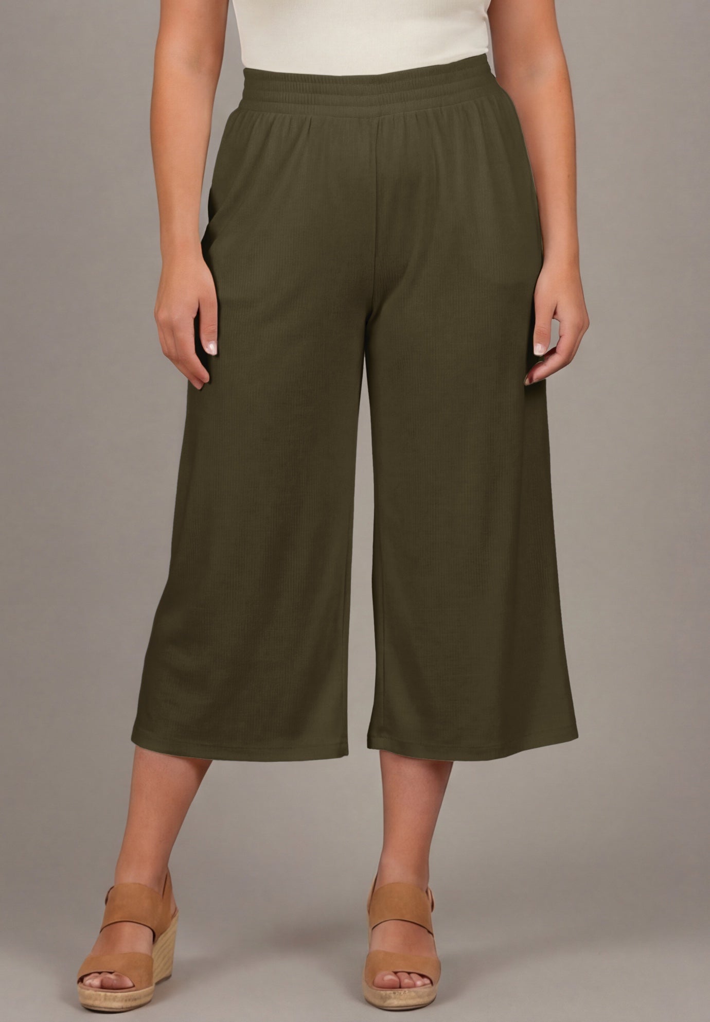 Knit Gauze Smocked Wide-Leg Crop image number 1