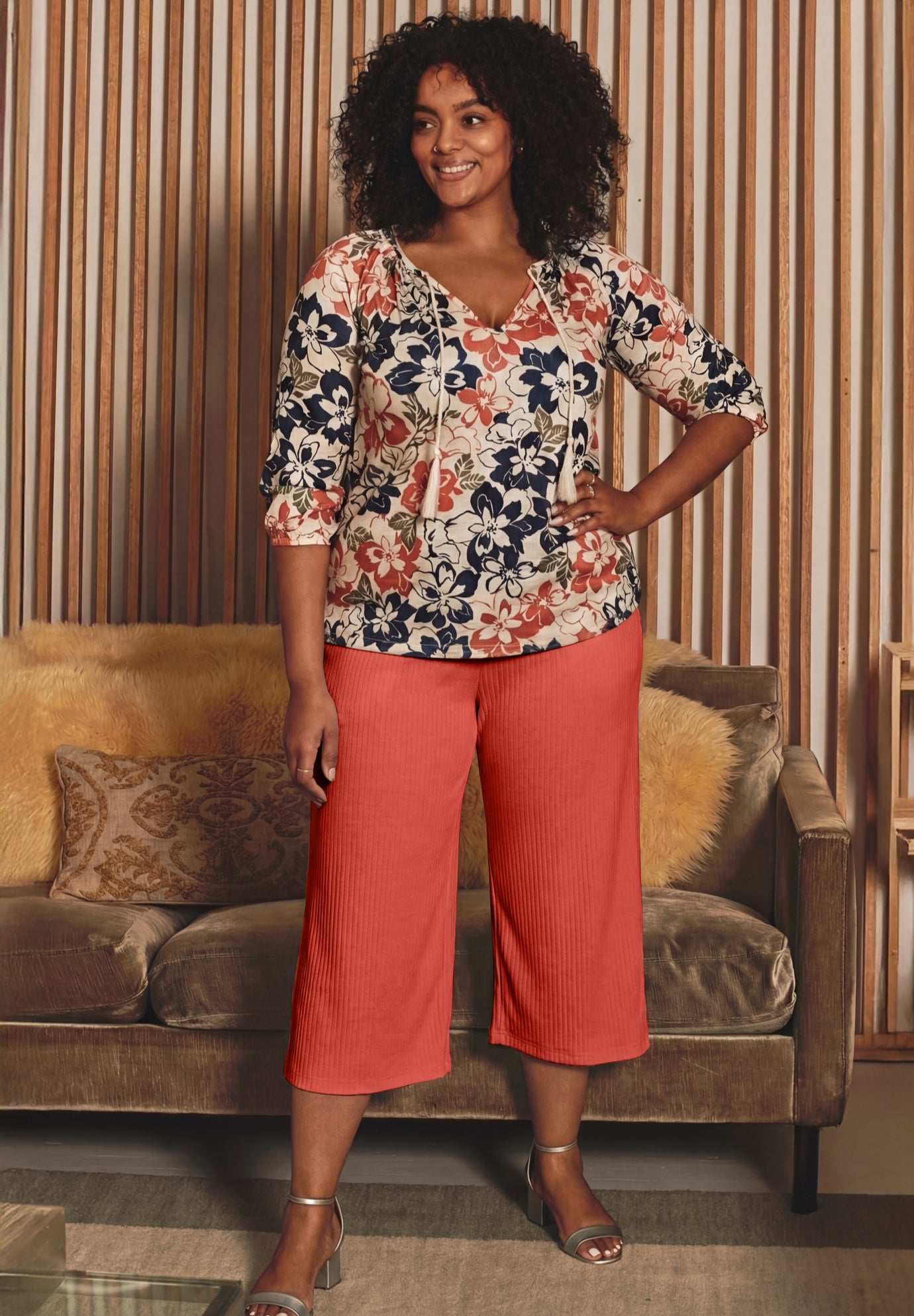 Knit Gauze Smocked Wide-Leg Crop image number 0