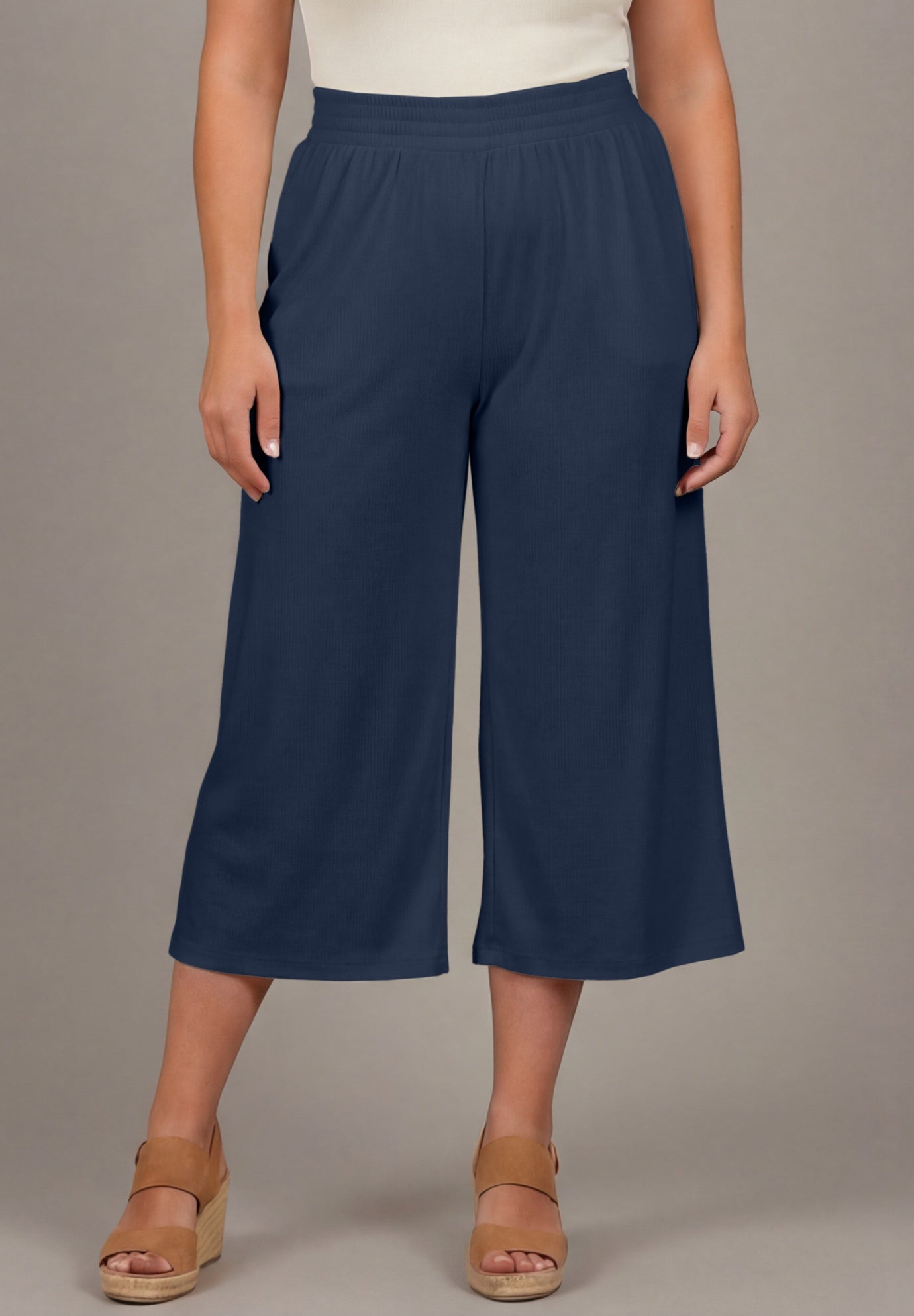 Knit Gauze Smocked Wide-Leg Crop image number 1