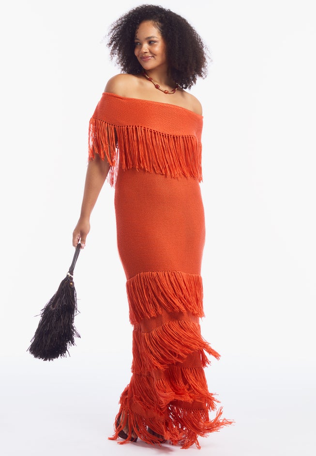 Off-Shoulder Fringe Sweater Dress image number 3