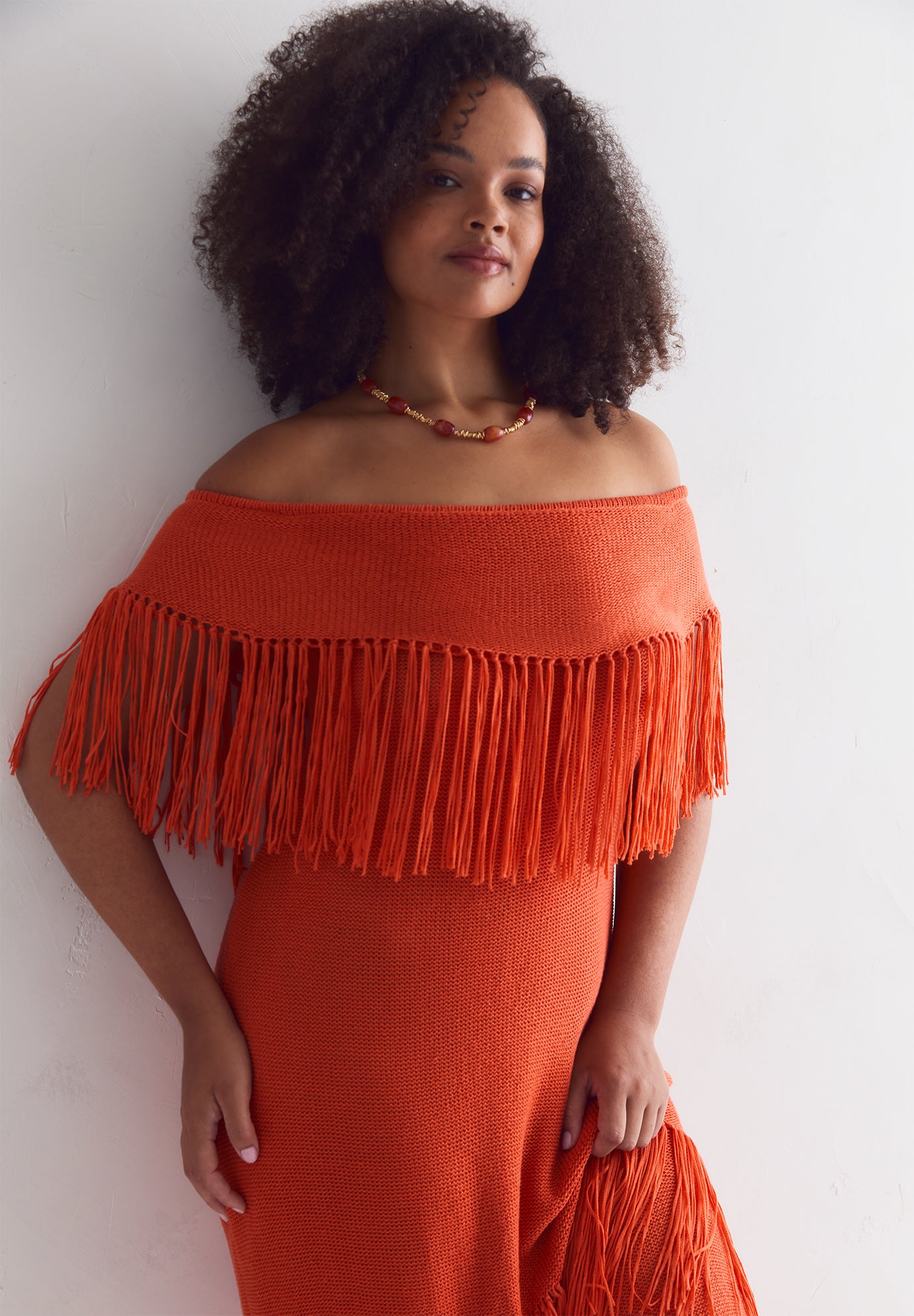 Off-Shoulder Fringe Sweater Dress image number 5