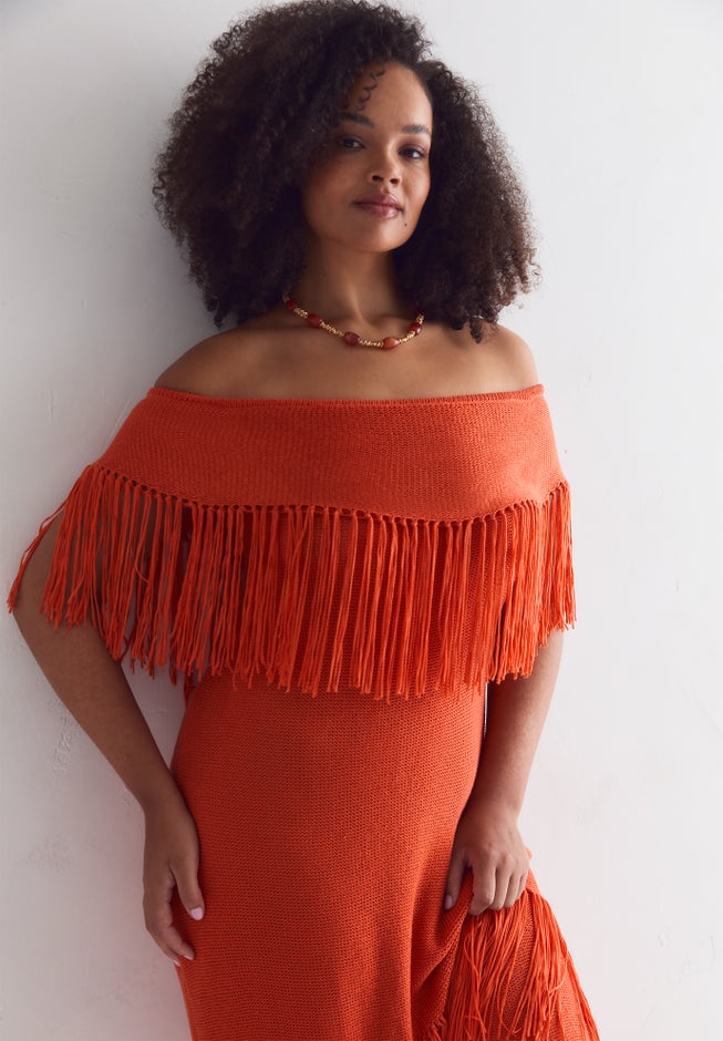 Off-Shoulder Fringe Sweater Dress image number 5